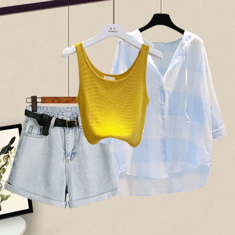 Women's Clothing Summer Wear For Women New Sun Protection Shirt Slim Vest Fashion Casual Denim Shorts Three Piece Set_voghion.com