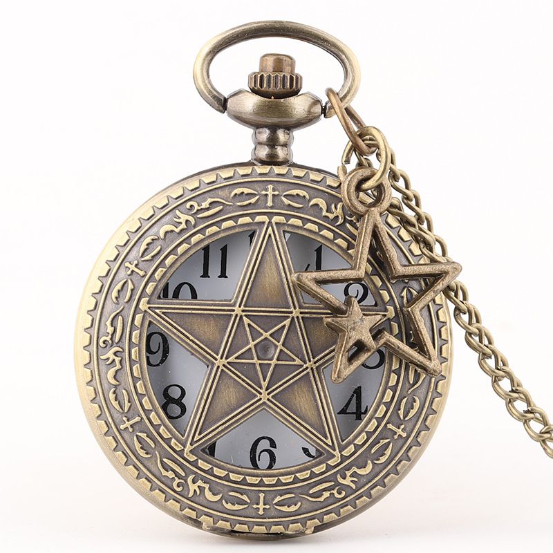 Kuvars cep saati vintage bronz iskelet pentagram çevirmeli kolye kolye kolye saat işaretçi yıldız kolye_voghion.com