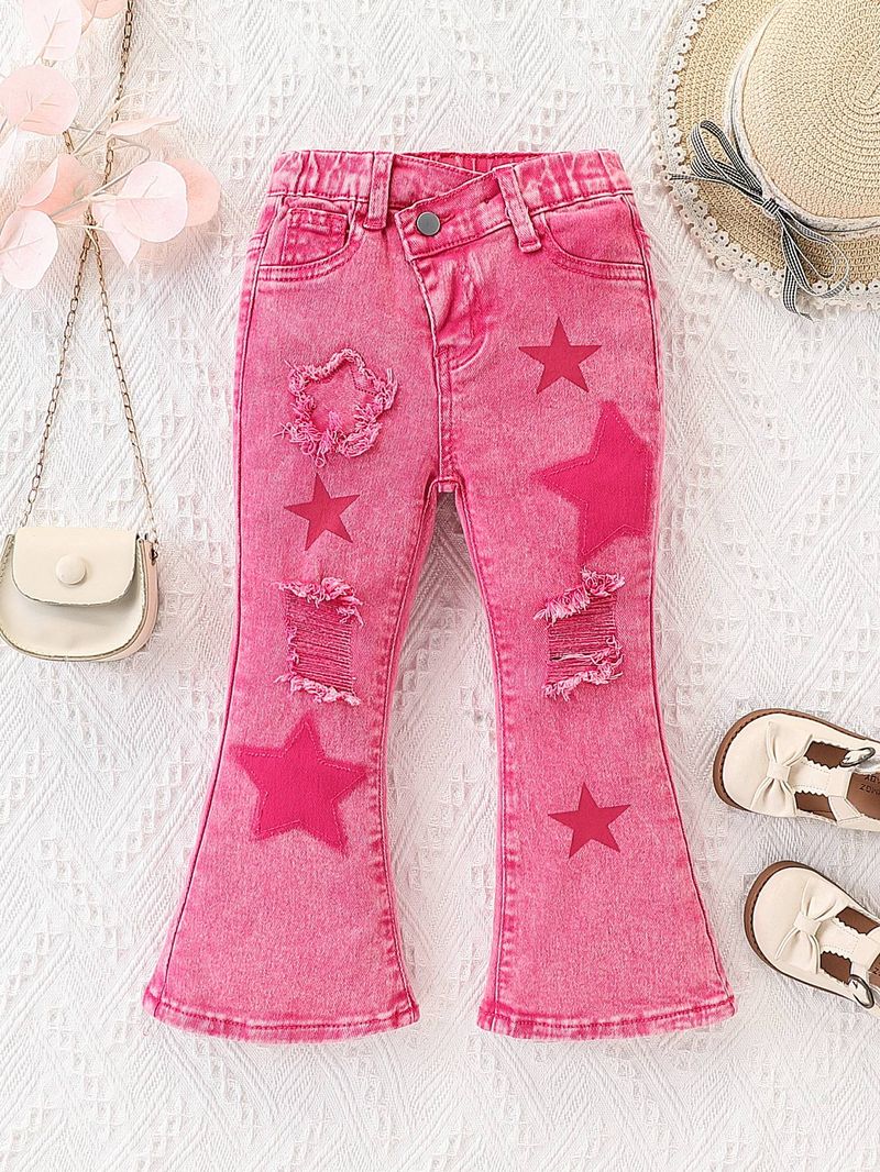 Mother & Kids Embroidery Five-pointed Star Printing Fashionable And Versatile Suitable For Daily Travel College Casual Ripped Denim Flared Trousers_voghion.com