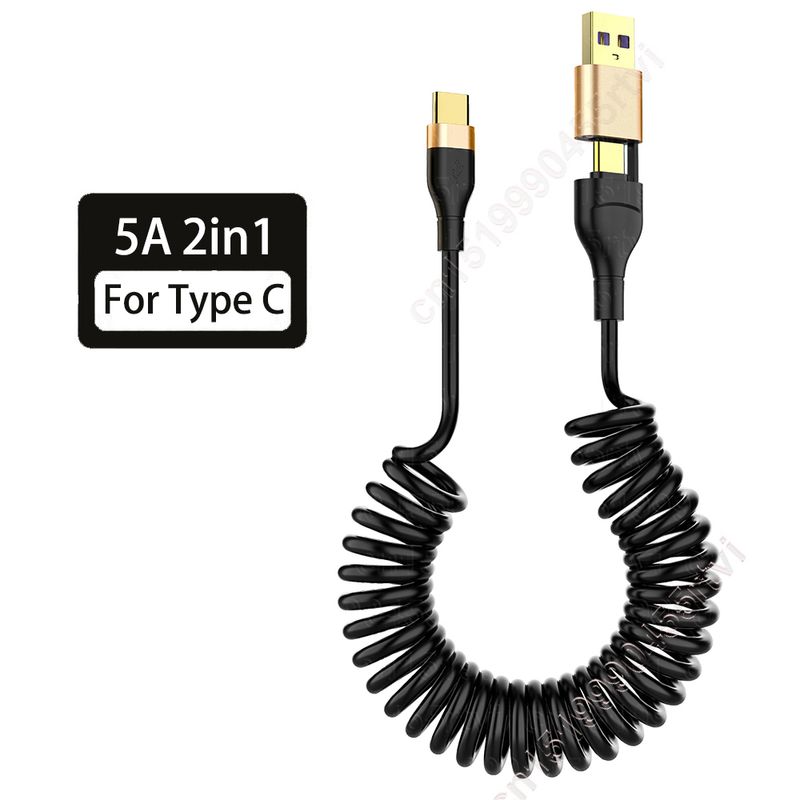 Cablu USB tip C PD 2 în 1 cu arc 5A 66W pentru iPhone 14 13 12 Pro Max, cablu de încărcare rapidă, cablu USB pentru Huawei_voghion.com