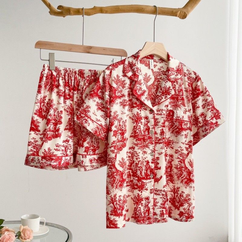 Pigiama da donna con stampa a inchiostro, pigiama estivo da donna in seta ghiacciata, a maniche corte, di alta qualità, per celebrità di Internet, piccolo, fresco e semplice, per la casa._voghion.com