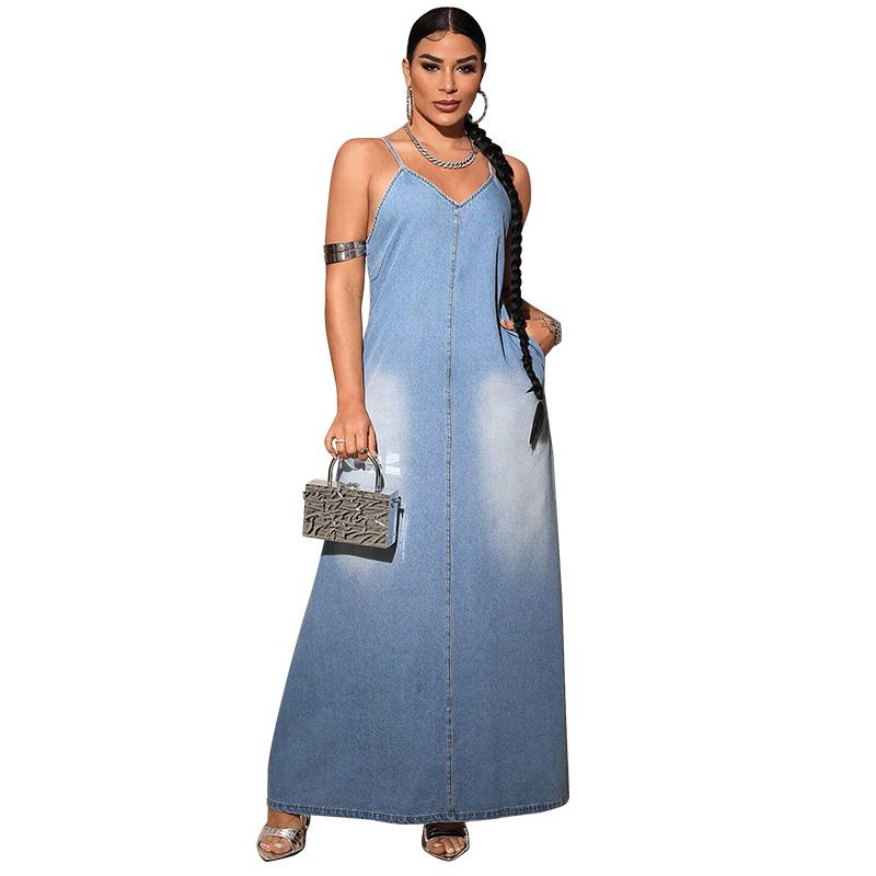 Damenbekleidung Neues Denim-Hosenträger-Langes Kleid_voghion.com