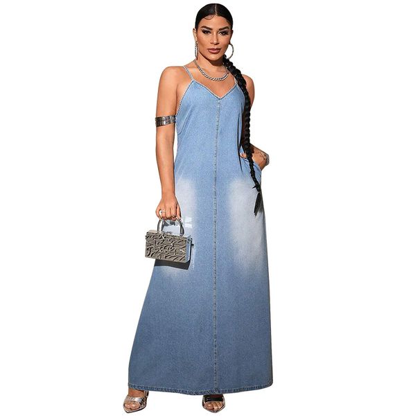 Damenbekleidung Neues Denim-Hosenträger-Langes Kleid_voghion.com