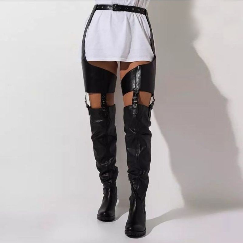 Winter new sexy boots Fashion patchwork belt over knee boots round head low heel women's leather boots_voghion.com