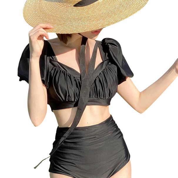 Happybuyner Sport S für Damen, 2-teiliger Bikini-Anzug, gerüscht, kurzärmelig, Push-Up-Crop-Tops, hohe Taille, Dreieckshöschen_voghion.com