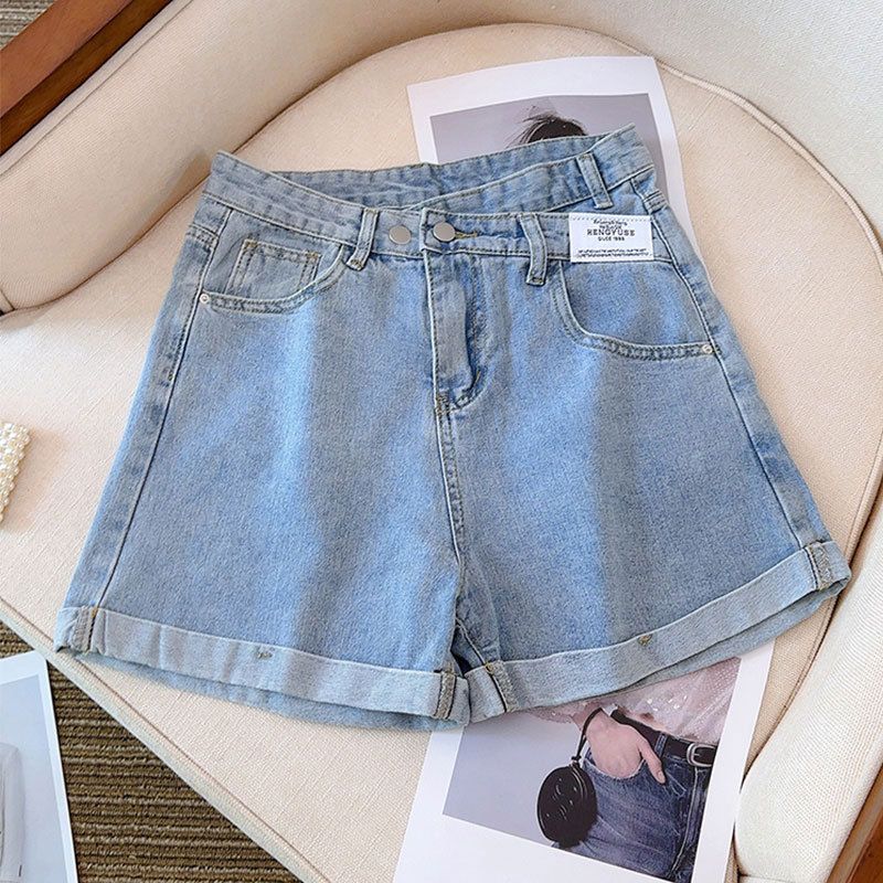 Short en jean irrégulier pour l'été des femmes, nouveau design tendance Instagram avec boucle diagonale, taille haute, décontracté roulé_voghion.com