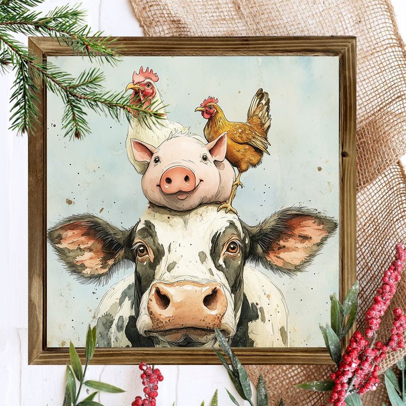 8x8" Rustic Farm Animal Wood Sign - Stacked Cow, Pig & Chicken Painting For Farmhouse Desk Or Wall Decor_voghion.com