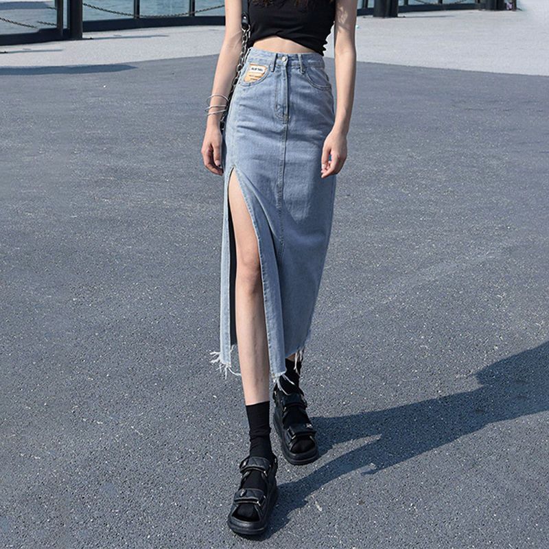 Gonna a portafoglio con etichetta piccola a vita alta, con spacco laterale, alla moda coreana, a mezza lunghezza, da donna, estate 2024_voghion.com