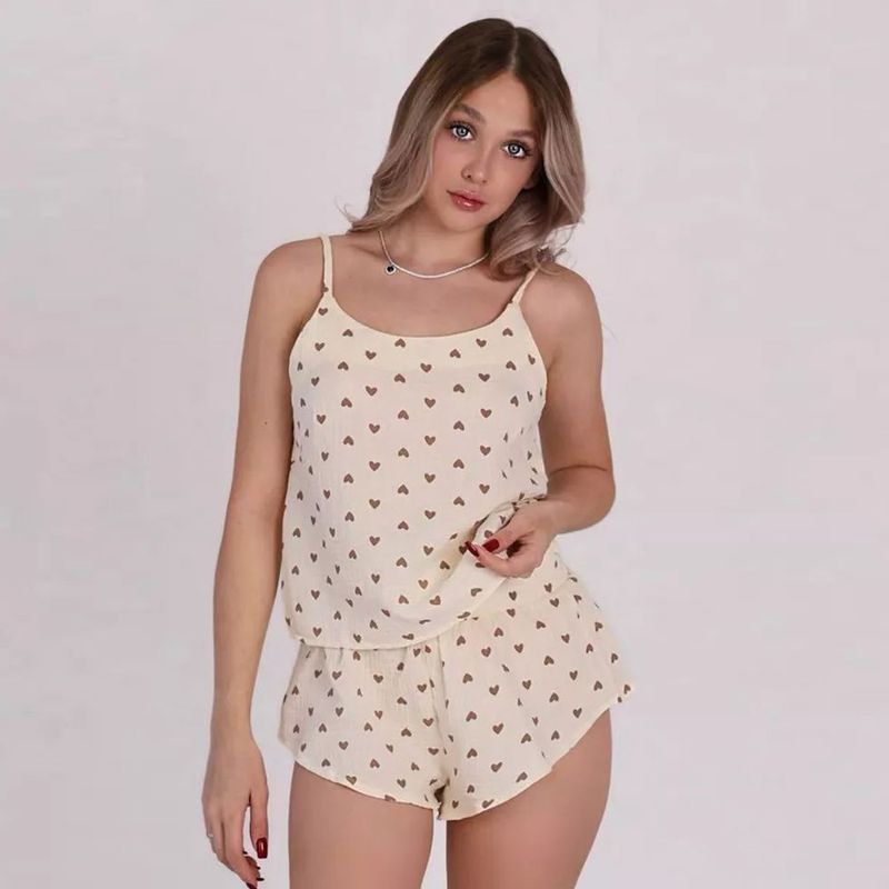 Pigiama da donna in cotone con canotta e pantaloncini con stampa Love, completo due pezzi_voghion.com