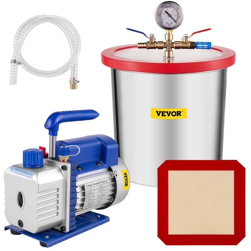 VEVOR Vacuum Pump 3.6CFM 1/4 HP Single Stages HVAC A/C Refrigeration Kit 5PA Ultimate Vacuum Manifold Gauge Set Including 3 Gallon Vacuum Chamber, Manifold Gauge And Hose For Air Conditioning Systems_voghion.com