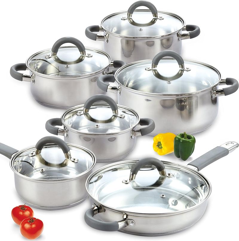 Cook N Home Kitchen-pannensets, 12-delige roestvrijstalen basispotten en pannen, zilver_voghion.com