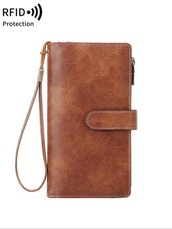 Womens Solid Color Long Wallet Fashionable PU Leather Zipper Wallet With Wrist Strap Multi-functional Card Holder For Daily Use, RFID Blocking Wallets_voghion.com