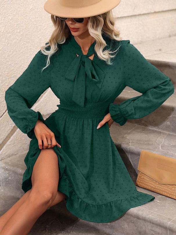 2024-es tavaszi/nyári női derékig érő, egyszínű, megkötős, hosszú ujjú ruha_voghion.com