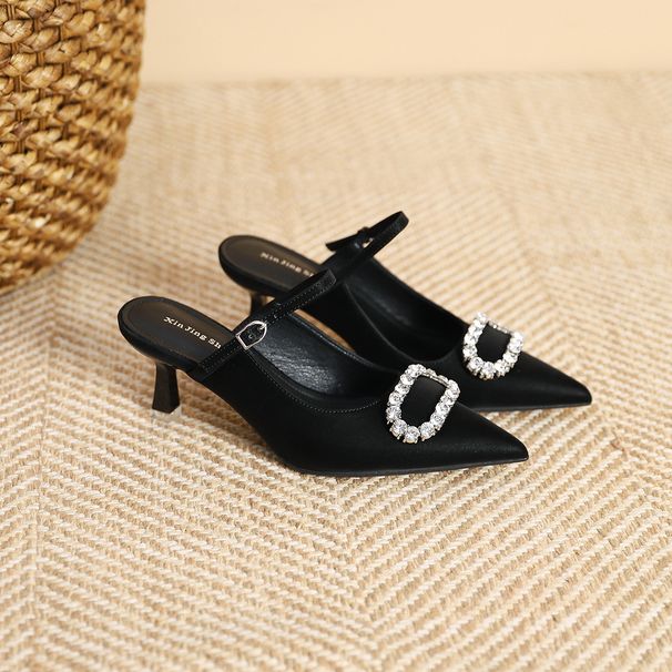 699-108 French Style Rhinestone Buckle Pointed Toe High Heels For Women New New Shallow Mouth Backless Single Thin Heel_voghion.com