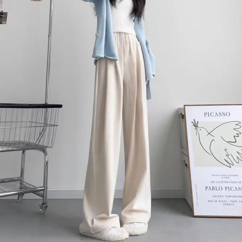 girl Plus Size Loose Lazy Style Draped Straight Casual For Women Winter High Waist Slimming Fleece Lined Wide Leg Glutinous_voghion.com