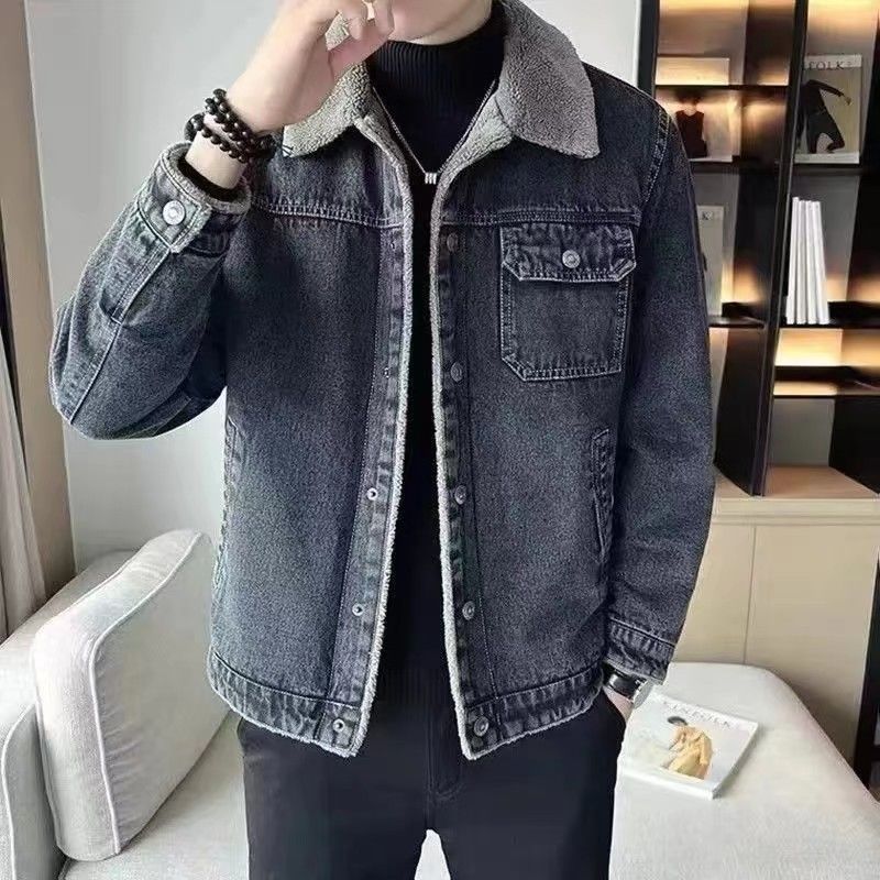 Men's Clothing Denim jacket men's autumn and winter plus velvet thickened new versatile handsome hip hop lambskin jacket_voghion.com