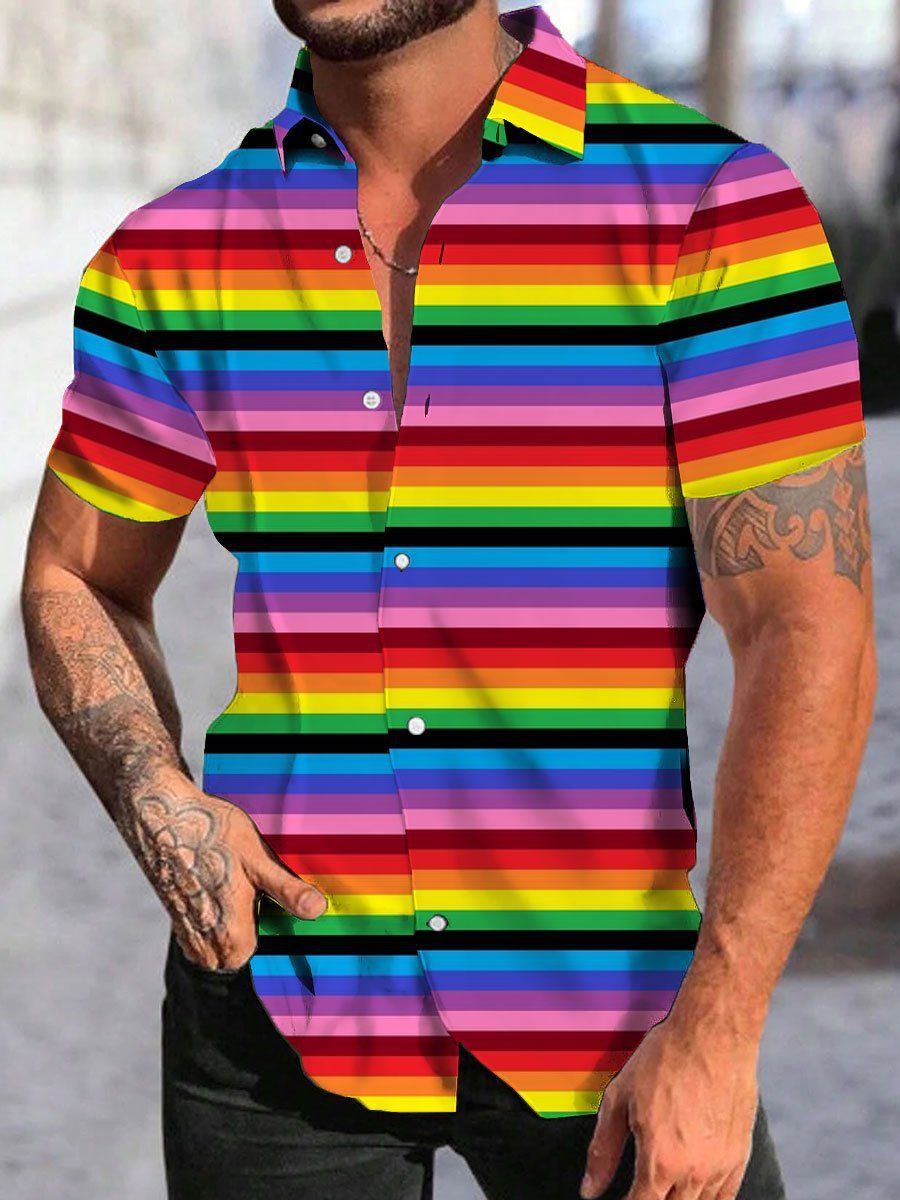 Vīriešu apģērbs 2024. gada vasaras īsroku krekls ar pogām, modes vīriešu krekls, 3D digitāls ikdienas svītrains kardigans, vairumtirdzniecība_voghion.com