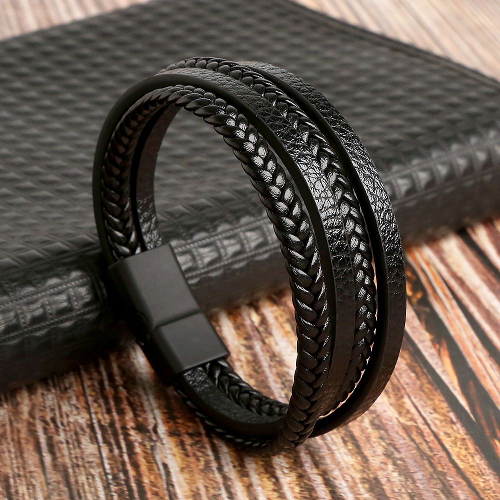 new leather hand woven bracelet men's magnet buckle stainless steel bracelet jewelry women's_voghion.com