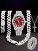 Hip Hop Diamond-Studded Watch Five-Piece Set With Diamond-Shaped Chain Cross Necklace And Cuban Ring_voghion.com