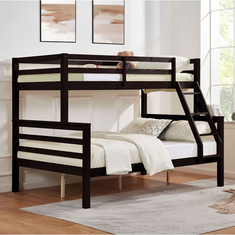 Twin Over Full Bunk Bed With Thick Posts,Wooden Bunk Bed With High Guardrail And Ladder For Kids, Teens, Dorm Rooms, And Guest Rooms,No Box Spring Needed,Espresso_voghion.com