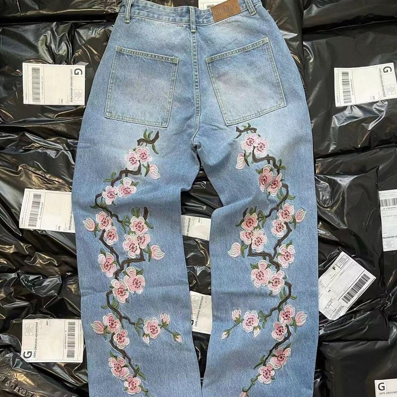 Yaz Yeni Amerikan Tarzı Yıkanmış Çiçek Desenli Kot Pantolon Unisex Moda Rahat Bol Uzun Pantolon_voghion.com