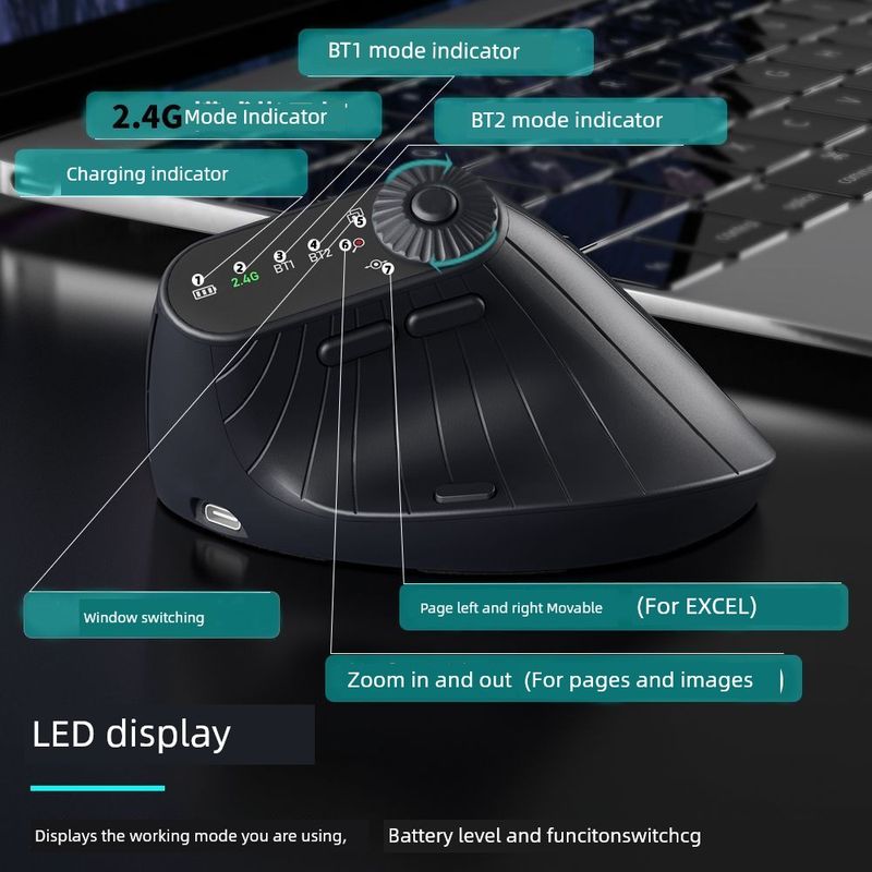 Ergonomic Vertical Wireless Bluetooth Connection With Display Rechargeable Multifunctional Office Mouse Game_voghion.com