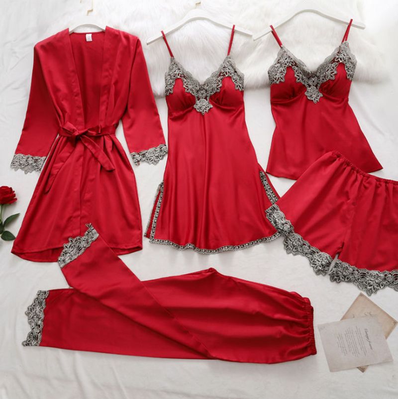 Women's Home Clothes Imitation Silk Pajamas Sexy Lingerie Suspenders Sexy Five Piece Set_voghion.com