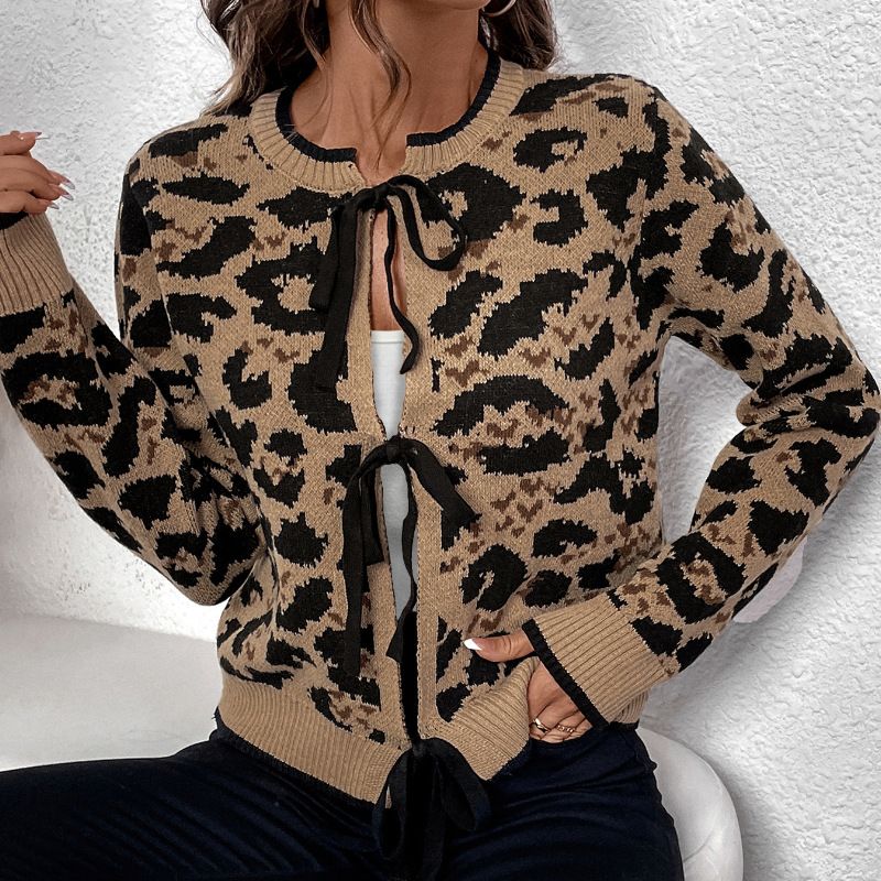 Women's Clothing new leopard print bow tie knitted sweater autumn and winter long sleeved cardigan top_voghion.com