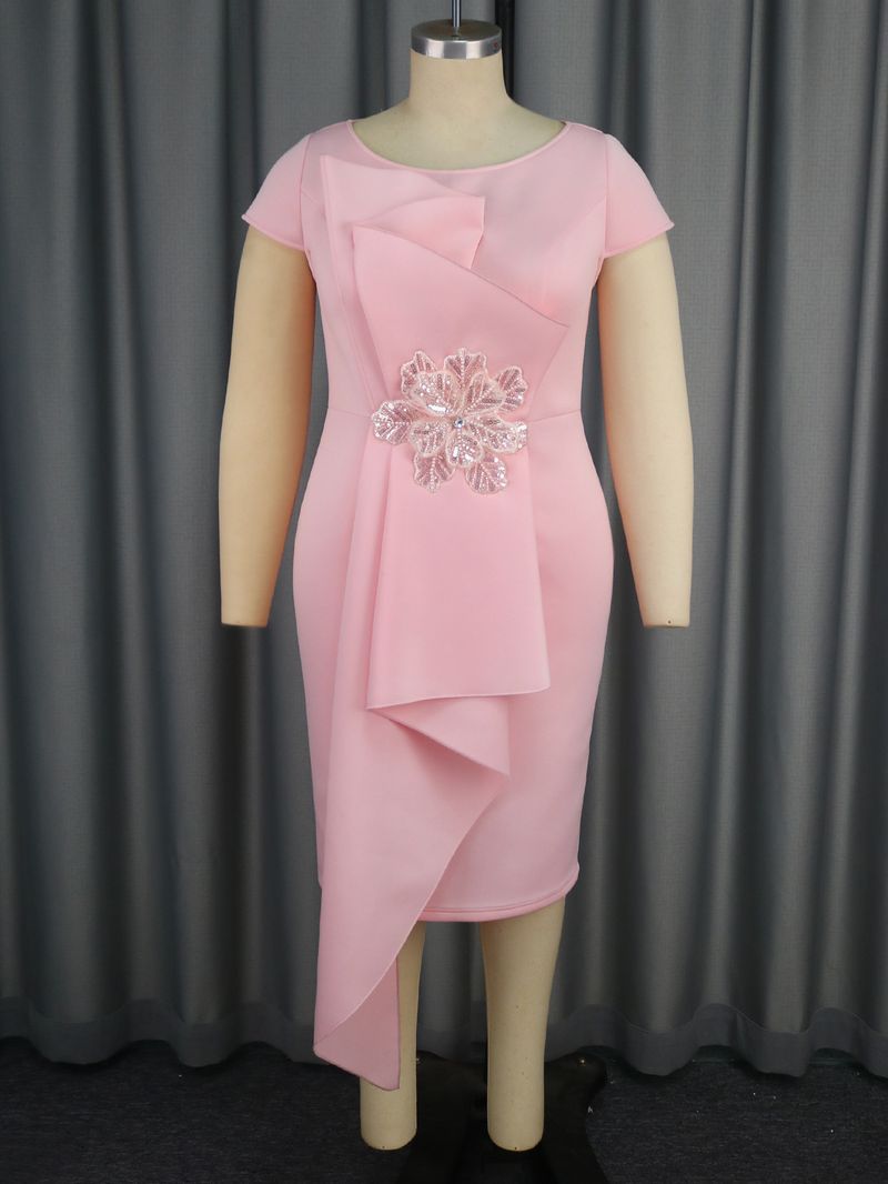 Abito estivo da donna con scollo rotondo e maniche corte, a vita alta, con gonna a fiori tridimensionali e cuciture a vita alta_voghion.com