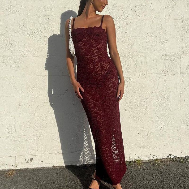 VWomen's Clothing Modisches, einzeiliges, sexy, durchsichtiges Spitzenkleid mit Kragen_voghion.com