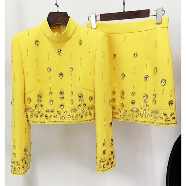 Women's Clothing celebrity fashion new heavy beaded diamond short top skirt suit two piece suit_voghion.com