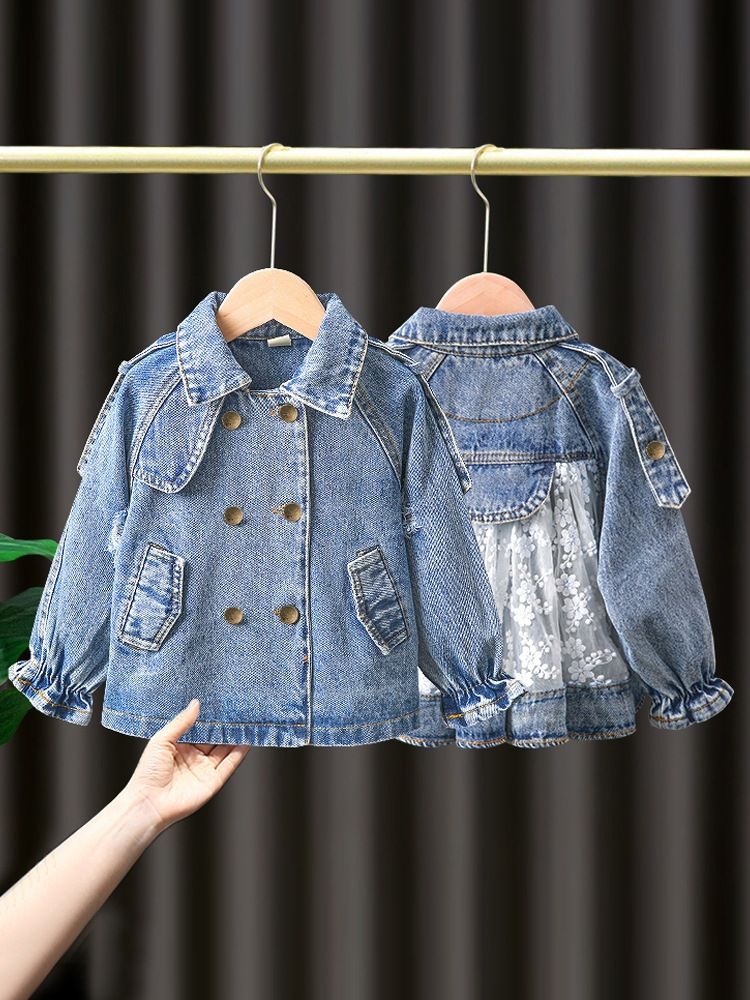 Meedercher Denim Jacket Fréijoer an Hierscht bestickt Spëtzekleeder Top Fir Puppelchen Meedercher_voghion.com