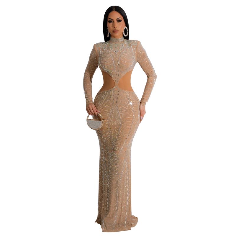 Dametøj mode kvinders ensfarvede mesh rhinestone lang nederdel kjole_voghion.com