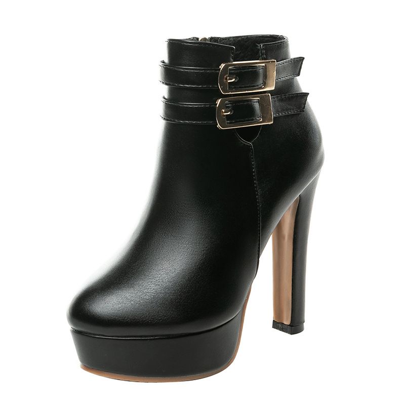 CMY New Thick Heel Belt Buckle Waterproof Table Short Boots Super High Heel Black Martin Boots High Heels Autumn And Winter_voghion.com