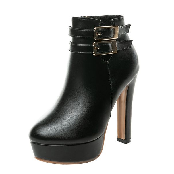 CMY New Thick Heel Belt Buckle Waterproof Table Short Boots Super High Heel Black Martin Boots High Heels Autumn And Winter_voghion.com