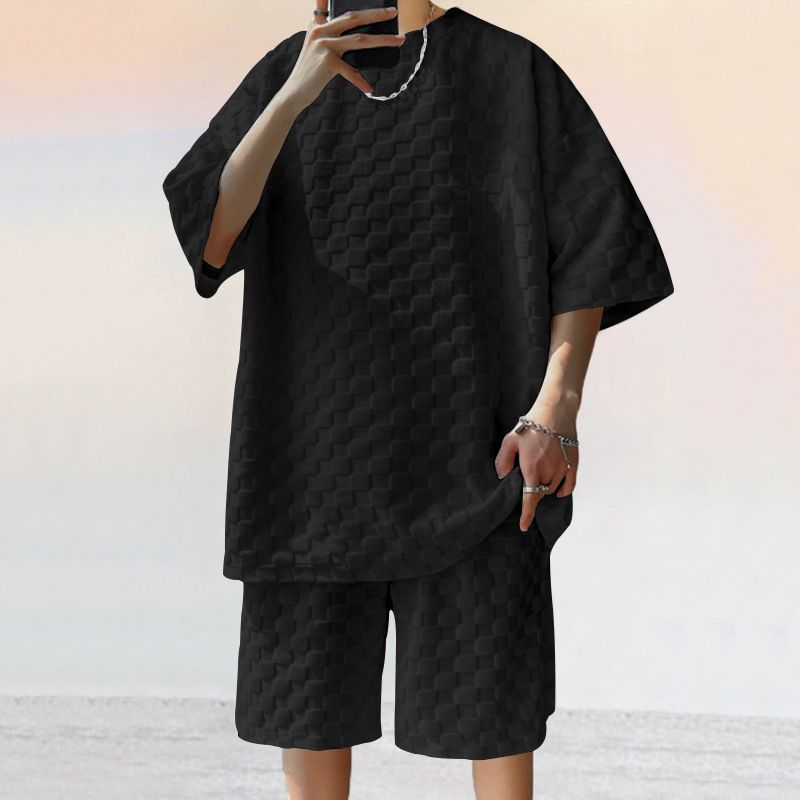 men's clothing summer new style jacquard plaid short-sleeved T-shirt loose large size straight casual shorts suit_voghion.com