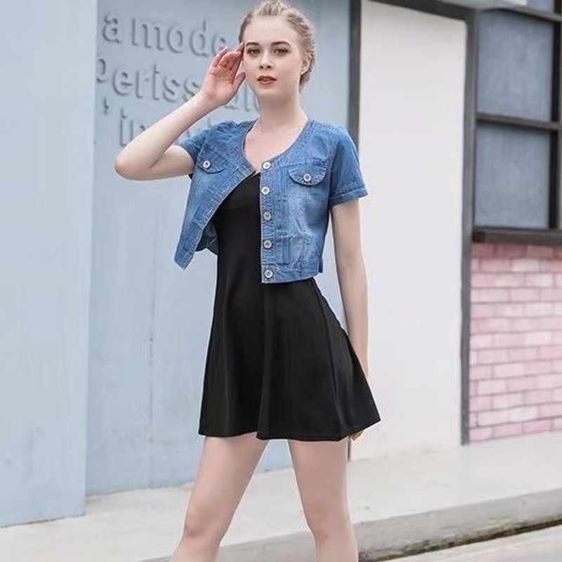Damenbekleidung Pastoral Frühling und Sommer Mittellange Ärmel Kleine Weste Kurze Jacke Gewaschenes Jeanshemd Damen Große Größen Krawattenknoten_voghion.com