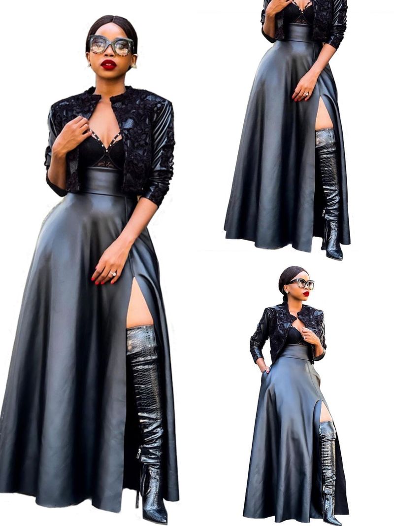 Vêtements en cuir sexy pour femmes, jupe irrégulière à fente haute_voghion.com