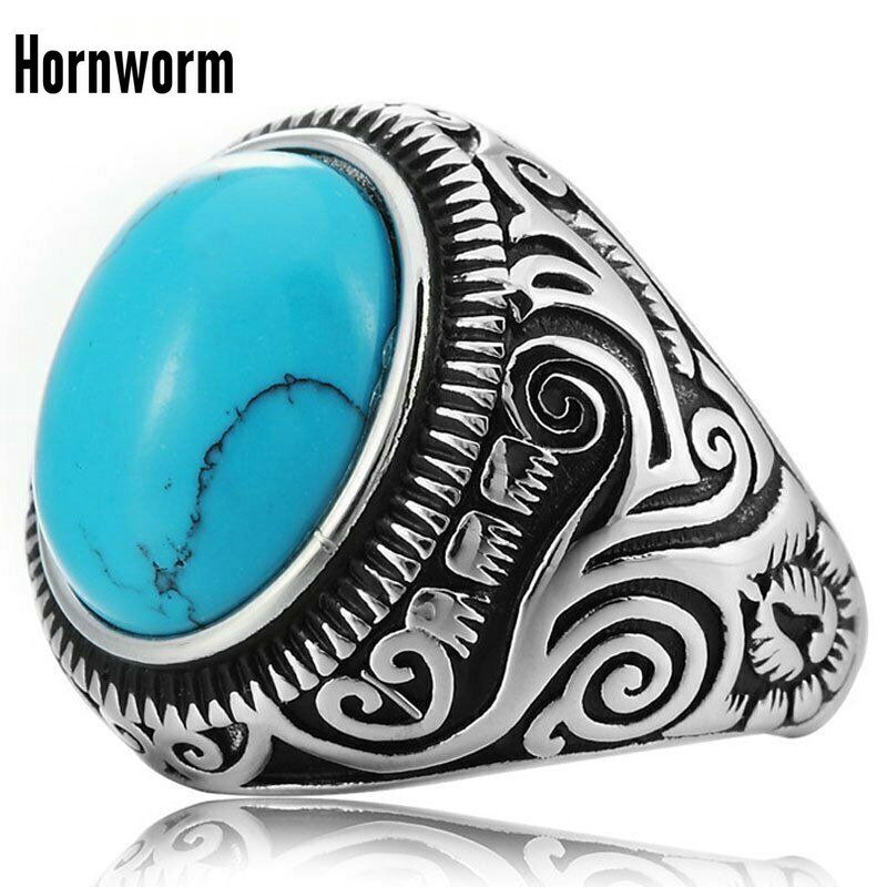 Herrenring mit ovalem Türkisstein, Edelstahl, Größe 7, 8–15, Punk, Retro, Vintage, cooles Vatertagsgeschenk für Papa_voghion.com