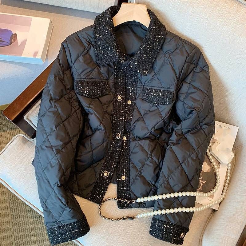 Roupas femininas Jaqueta de algodão fino com padrão de diamante preto_voghion.com