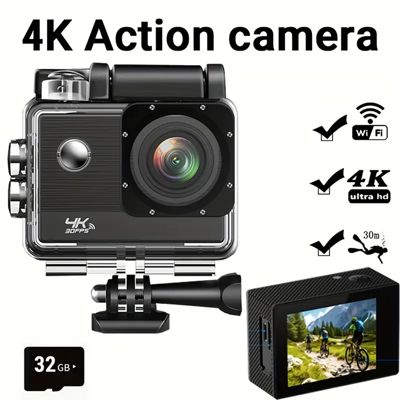 HD 4K Outdoor Sports Camera With Various Accessories And 32G Memory Card Suitable For Outdoor Cycling, Diving, Photography And Video Recording_voghion.com