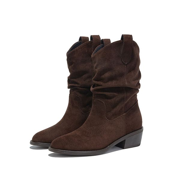 New Autumn And Winter Simple Versatile Low-heeled Pointed Toe Women's Boots, Ruched Slouchy Boots._voghion.com