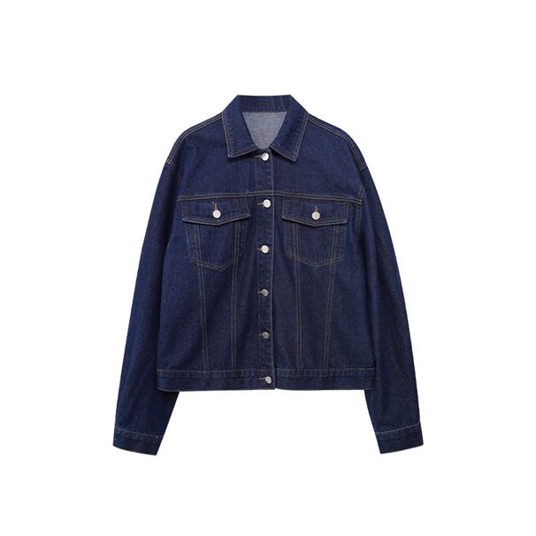 Damenbekleidung Retro-Jeansjacke für Damen – Vintage-Polokragen, lockere Passform, Baumwollmischung, lässiger Frühlingsmantel mit Taschen_voghion.com