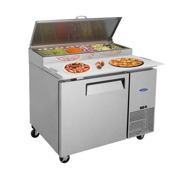 Orikool 44 IN Commercial Pizza Prep Table With A Built-in Refrigerator 11 Cu.Ft, Butcher Block Cutting Board, Protection Lid, Cold Storage, And Smooth-Rolling Casters, ETL Certified_voghion.com