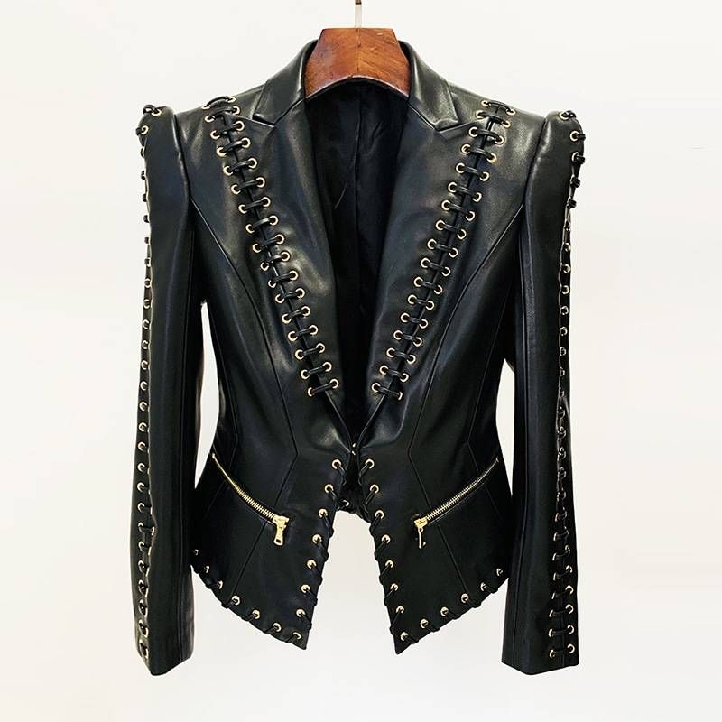 Veste de costume en cuir slim à cordon épais pour femme_voghion.com