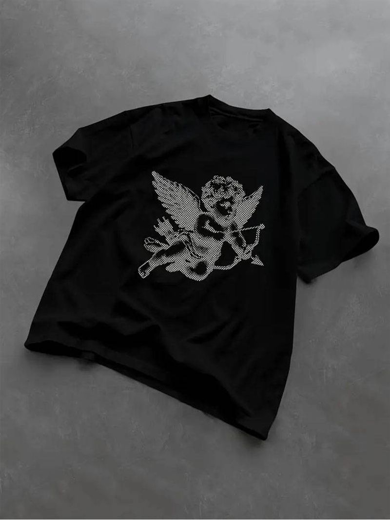 T-shirt décontracté à col rond pour homme, imprimé ange Cupidon, coupe ample pour l'été, style urbain, polyvalent pour l'extérieur, pur coton 240 g_voghion.com