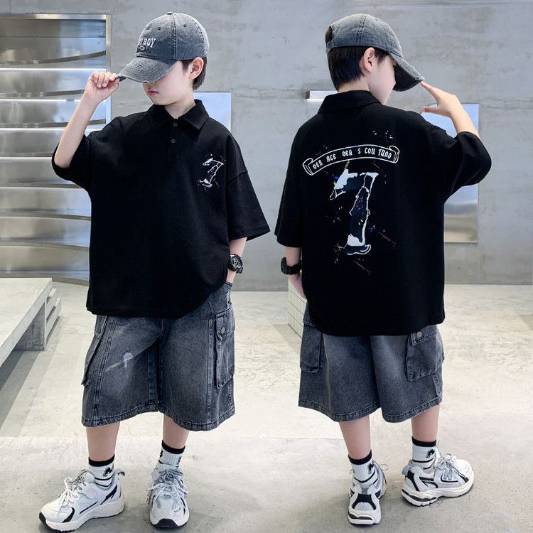 Kids' Clothing Boys Summer Short Sleeved Polo Shirt Suit For Middle And Large Children Denim Pants Two Piece Suit_voghion.com