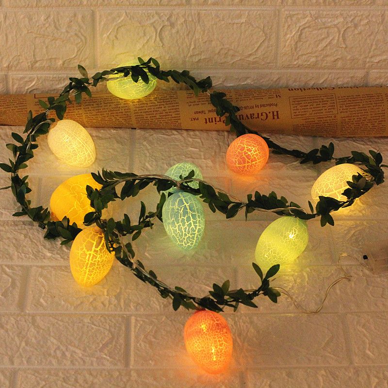 Stringa di luci a forma di uovo di Pasqua con foglia verde, LED, con luci a forma di uovo rotto, luce lampeggiante, decorazione per le feste in rattan verde_voghion.com