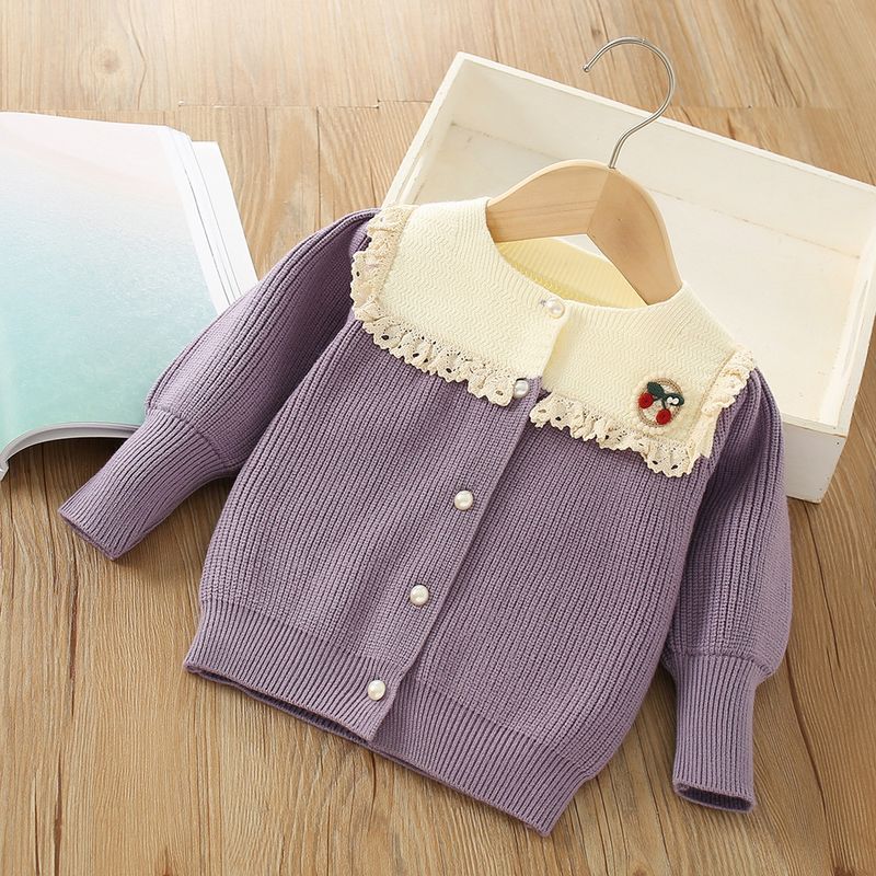 Girls' Sweater Cardigan 2023 Autumn/Winter New Western Style Little Girl Lace Solid Color Children's Knitted Shirt Top_voghion.com