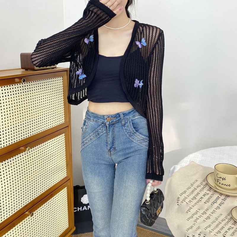 2024 Summer New Design Butterfly Decor Hollow Knitted Sweater Korean Wear Sunscreen Top for Women_voghion.com